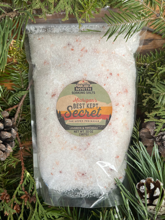 Clear Ziplock Top Pouch Bag filled with salt. Kraft Label.