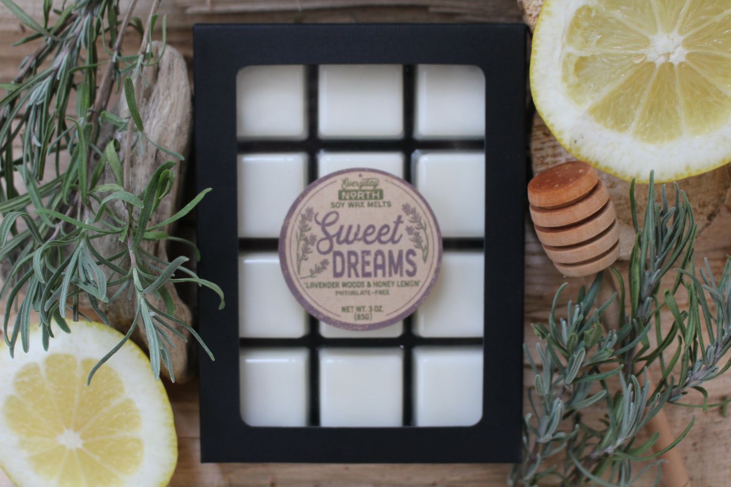 Everyday North Soy Wax Melts. Sweet Dreams. Lavender Woods and Honey Lemon. Phthalate Free. 3 oz. 80 grams. Decor Surrounding 12 Tray Wax Melt Undyed Black Box.