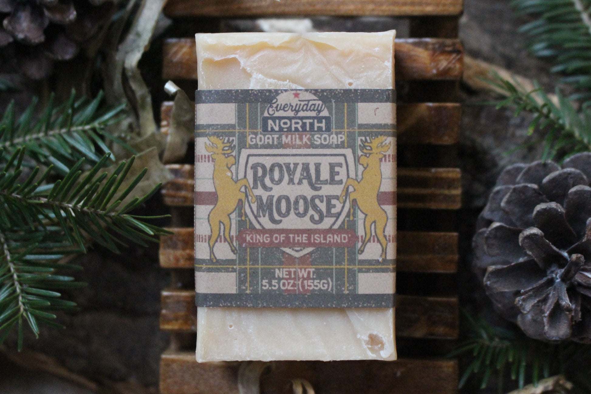 Undyed Soap Bar on Soap Dish. Wrapped in Kraft Label. Everyday North Goat Milk Soap. Royale Moose. King of the North. 5.5 oz. 155 grams. Surrounded by decor.