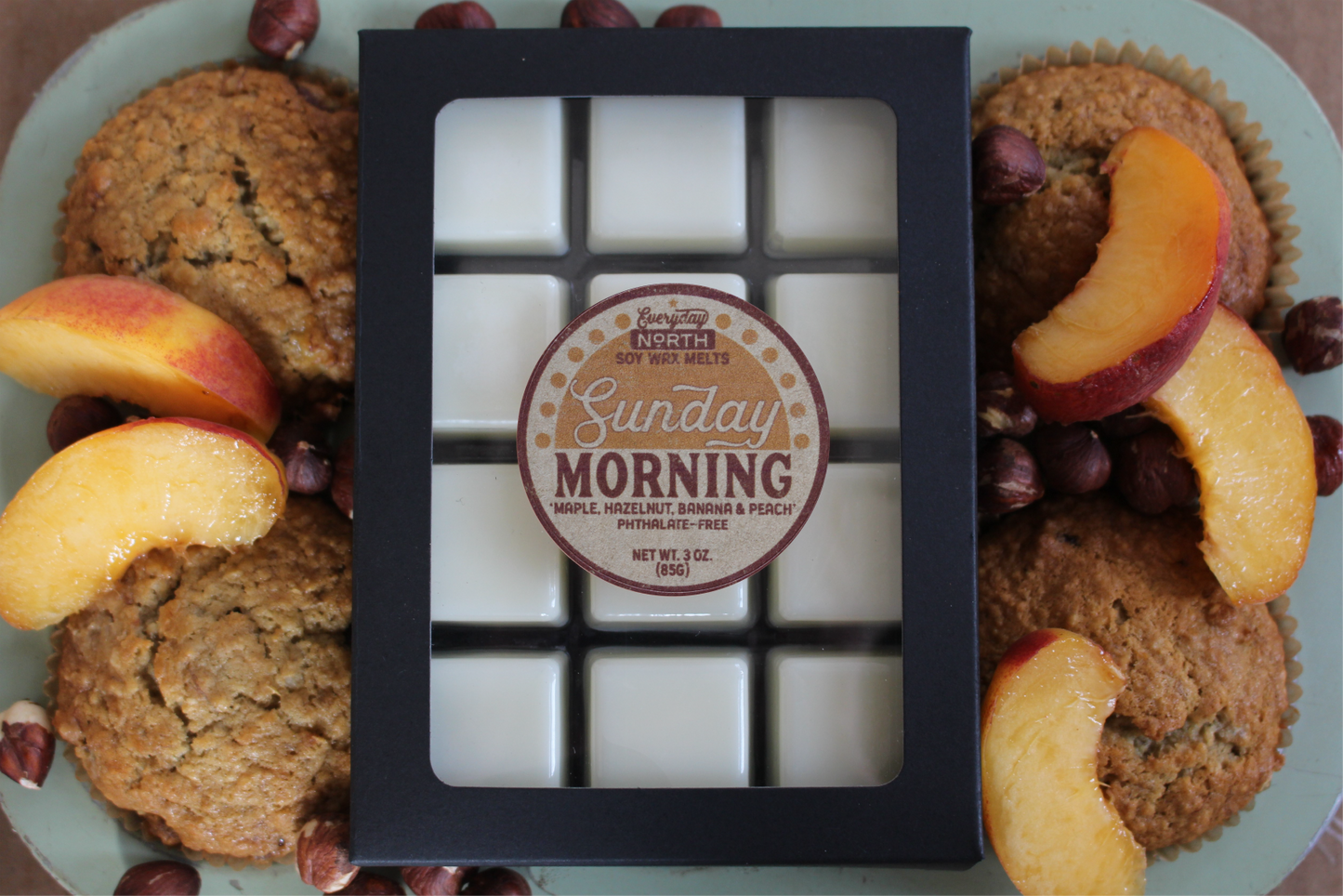 Everyday North Soy Wax Melts. Sunday Morning. Maple, Hazelnut, Banana and Pecan. Phthalate Free. 3 oz. 80 grams. Decor Surrounding 12 Tray Wax Melt Undyed Black Box.