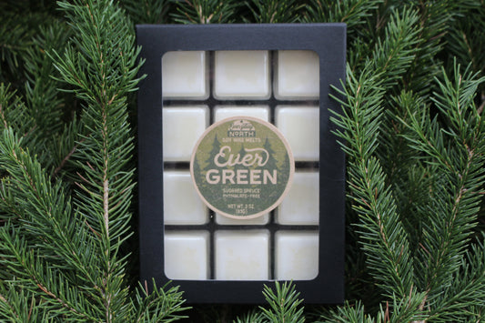 Everyday North Soy Wax Melts. Evergreen. Sugared Spruce. Phthalate Free. 3 oz. 80 grams. Decor Surrounding 12 Tray Wax Melt Undyed Black Box.