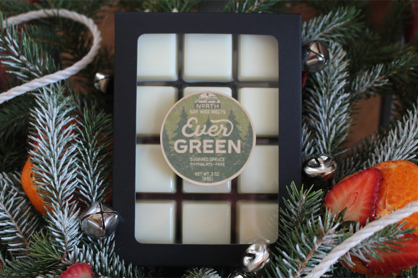 Everyday North Soy Wax Melts. Evergreen. Sugared Spruce. Phthalate Free. 3 oz. 80 grams. Decor Surrounding 12 Tray Wax Melt Undyed Black Box.