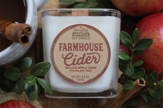 Everyday North Wood Wick Soy Candle. Farmhouse Cider. Mulled Apple Cider. Phthalate Free. 6.5 oz. 184 grams. Decor Surrounding Undyed Soy Wax Candle in Cube Glass Jar.