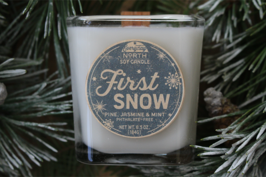 Everyday North Wood Wick Soy Candle. First Snow. Pine, Jasmine and Mint. Phthalate Free. 6.5 oz. 184 grams. Decor Surrounding Undyed Soy Wax Candle in Cube Glass Jar.