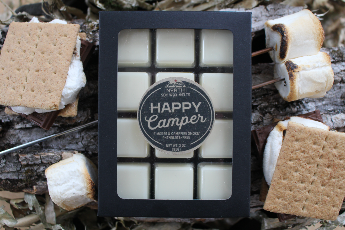 Everyday North Soy Wax Melts. Happy Camper. Smores and Campfire Smoke. Phthalate Free. 3 oz. 80 grams. Decor Surrounding 12 Tray Wax Melt Undyed Black Box.