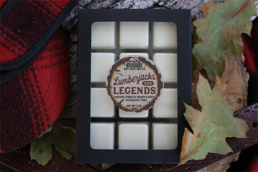 Everyday North Soy Wax Melts. Lumberjacks and Legends. Leather, Tobacco, Woods and Spice. Phthalate Free. 3 oz. 80 grams. Decor Surrounding 12 Tray Wax Melt Undyed Black Box.