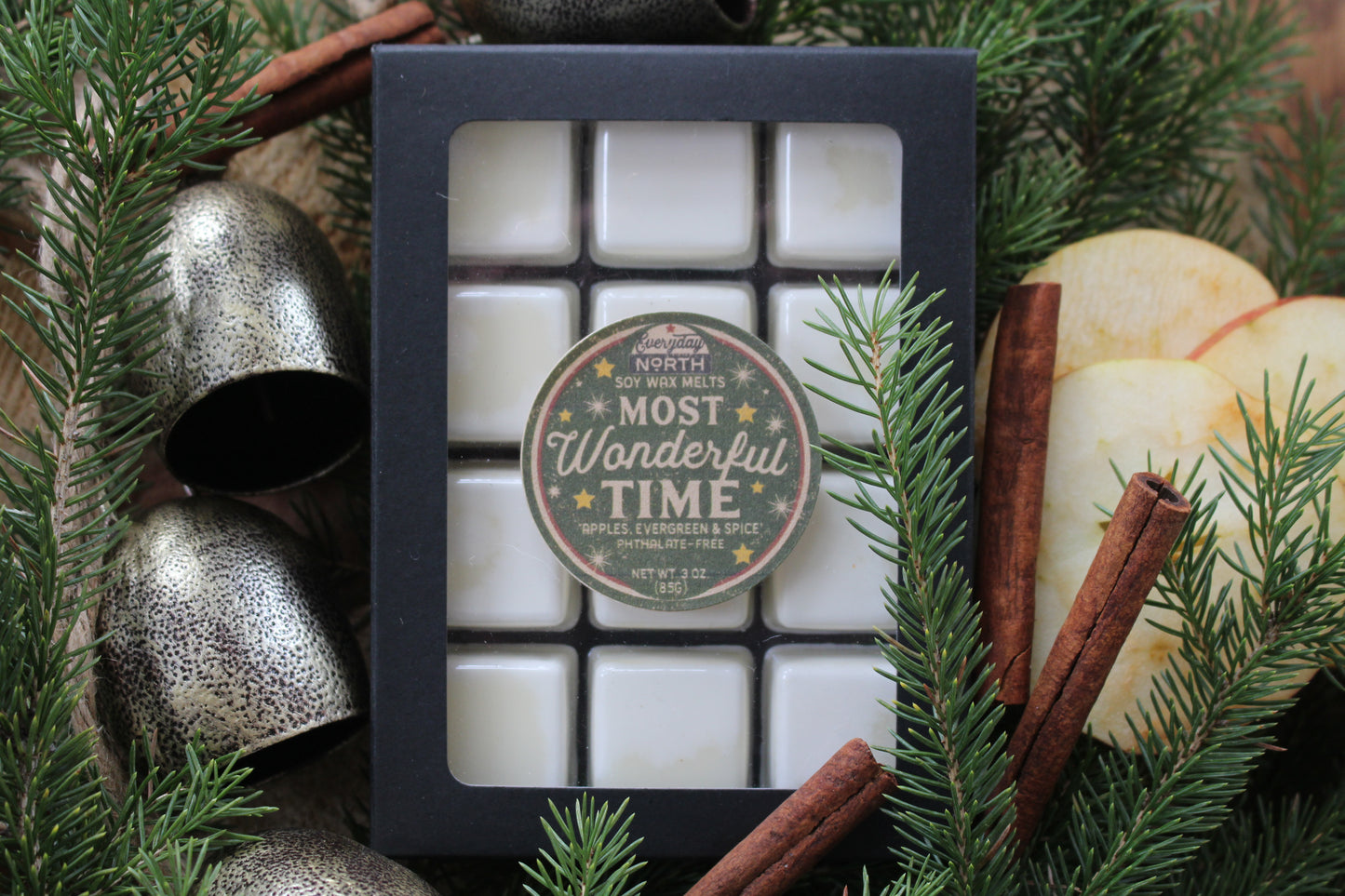 Everyday North Soy Wax Melts. Most Wonderful Time. Apples, Evergreen and Spice. Phthalate Free. 3 oz. 80 grams. Decor Surrounding 12 Tray Wax Melt Undyed Black Box.