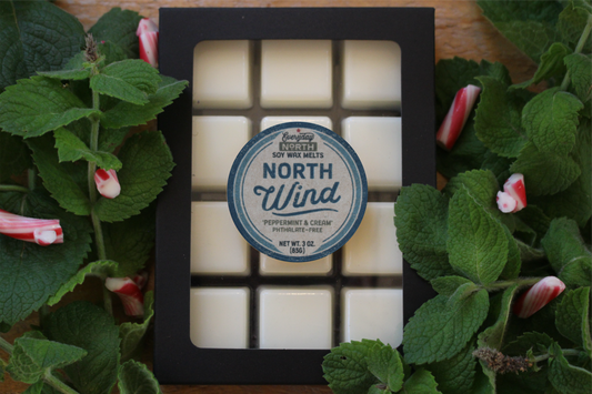 Everyday North Soy Wax Melts. North Wind. Peppermint and Cream. Phthalate Free. 3 oz. 80 grams. Decor Surrounding 12 Tray Wax Melt Undyed Black Box.