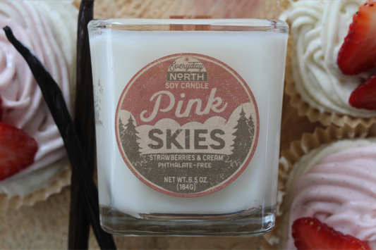 Everyday North Wood Wick Soy Candle. Pink Skies. Strawberries and Cream. Phthalate Free. 6.5 oz. 184 grams. Decor Surrounding Undyed Soy Wax Candle in Cube Glass Jar.