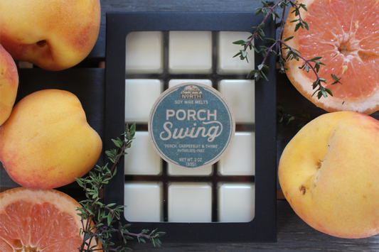 Everyday North Soy Wax Melts. Porch Swing. Peach, Grapefruit and Thyme. Phthalate Free. 3 oz. 80 grams. Decor Surrounding 12 Tray Wax Melt Undyed Black Box.