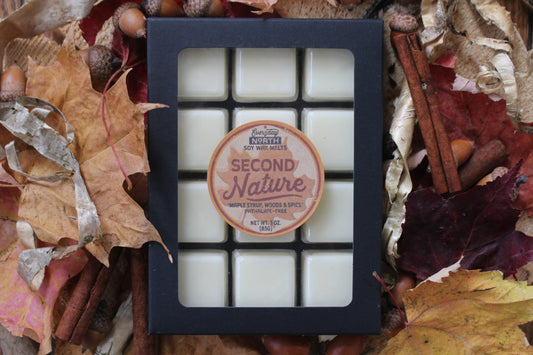 Everyday North Soy Wax Melts. Second Nature. Maple Syrup, Woods and Spice. Phthalate Free. 3 oz. 80 grams. Decor Surrounding 12 Tray Wax Melt Undyed Black Box.