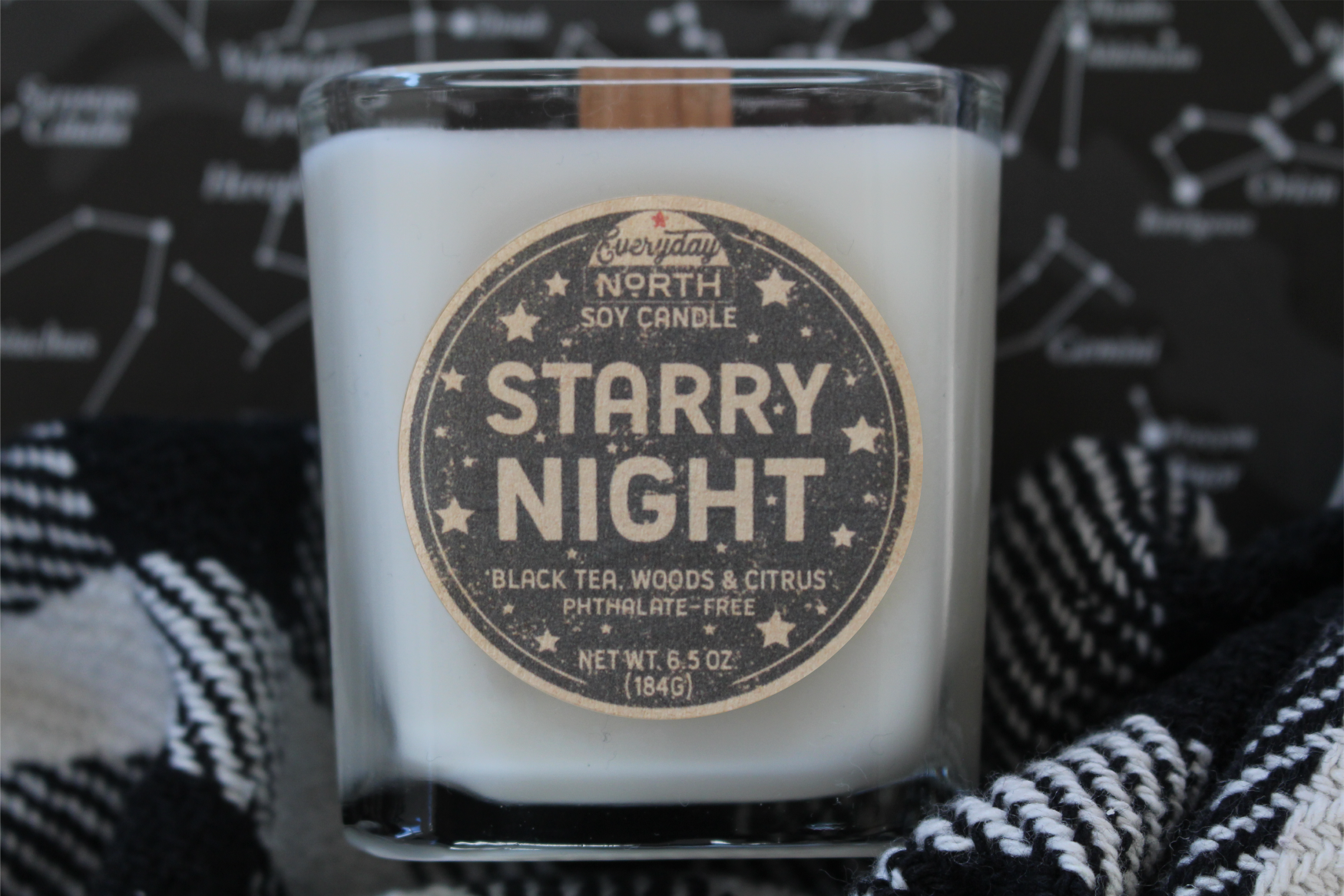 Everyday North Wood Wick Soy Candle. Starry Night. Black Tea, Woods and Citrus. Phthalate Free. 6.5 oz. 184 grams. Decor Surrounding Undyed Soy Wax Candle in Cube Glass Jar. 