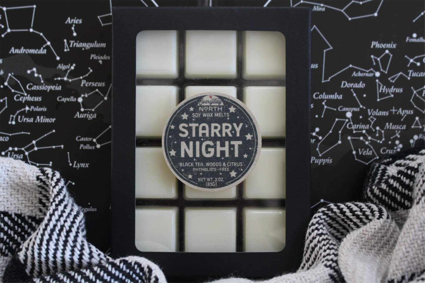 Everyday North Soy Wax Melts. Starry Night. Black Tea, Woods and Citrus. Phthalate Free. 3 oz. 80 grams. Decor Surrounding 12 Tray Wax Melt Undyed Black Box.