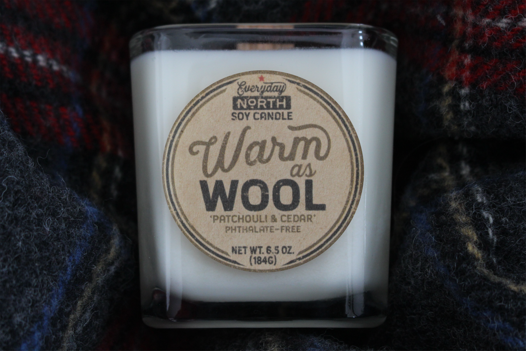 Everyday North Wood Wick Soy Candle. Warm as Wool. Patchouli and Cedar. Phthalate Free. 6.5 oz. 184 grams. Decor Surrounding Undyed Soy Wax Candle in Cube Glass Jar.