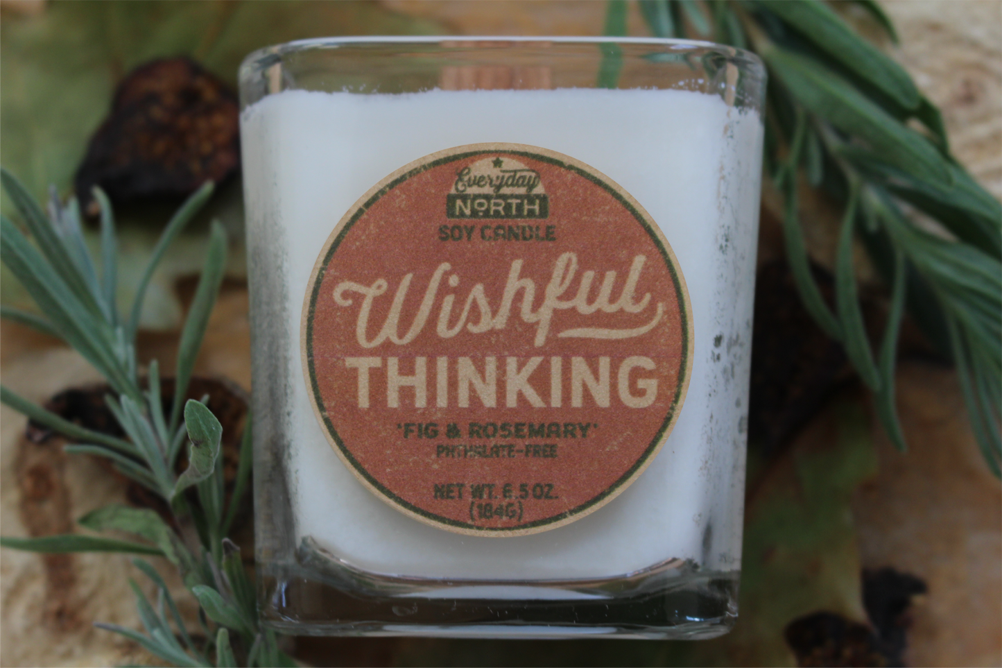 Everyday North Wood Wick Soy Candle. Wishful Thinking. Fig and Rosemary. Phthalate Free. 6.5 oz. 184 grams. Decor Surrounding Undyed Soy Wax Candle in Cube Glass Jar.