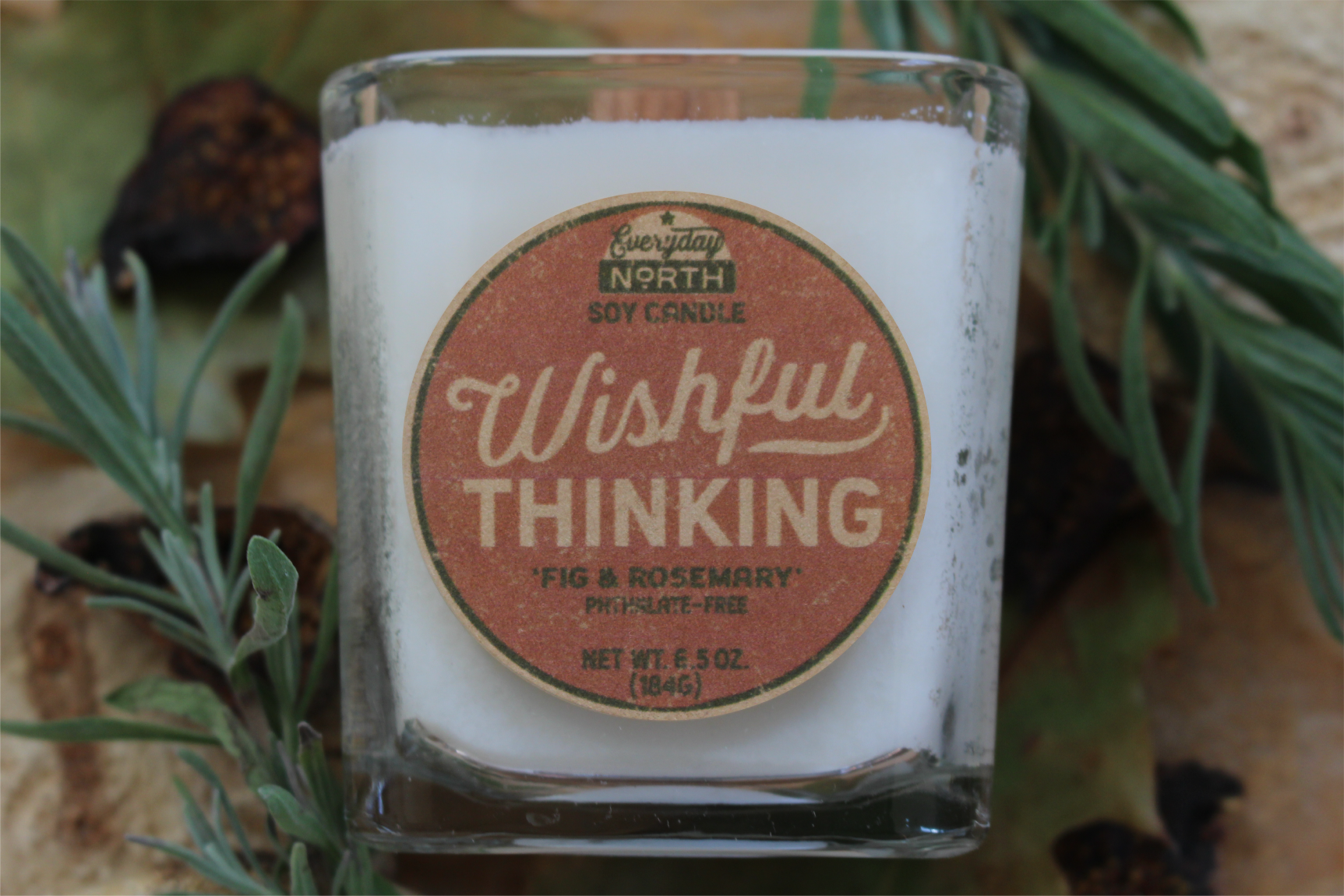 Everyday North Wood Wick Soy Candle. Wishful Thinking. Fig and Rosemary. Phthalate Free. 6.5 oz. 184 grams. Decor Surrounding Undyed Soy Wax Candle in Cube Glass Jar.