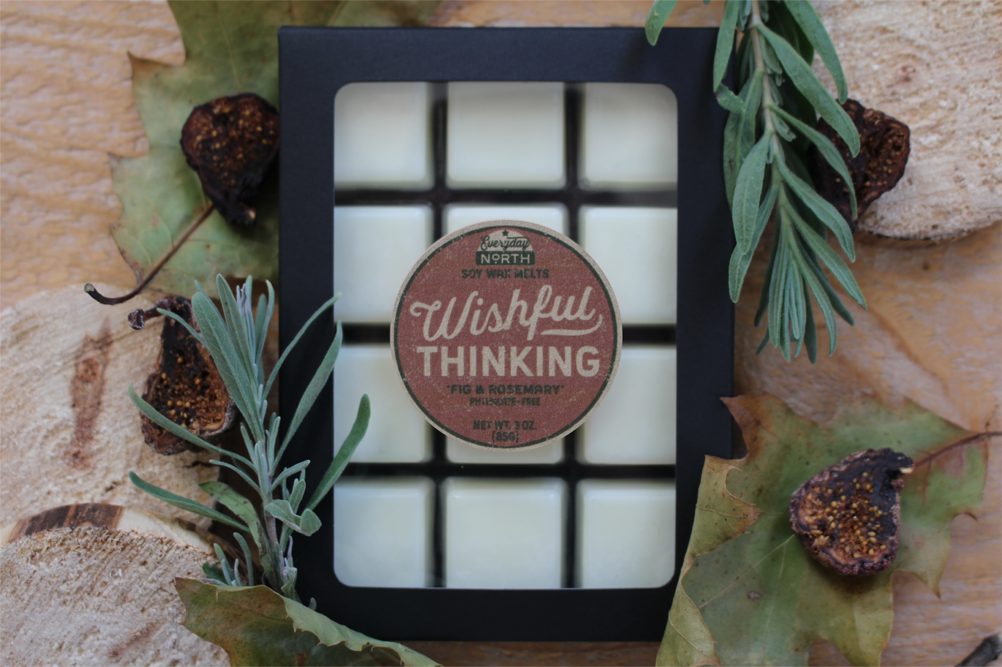 Everyday North Soy Wax Melts. Wishful Thinking. Fig and Rosemary . Phthalate Free. 3 oz. 80 grams. Decor Surrounding 12 Tray Wax Melt Undyed Black Box.